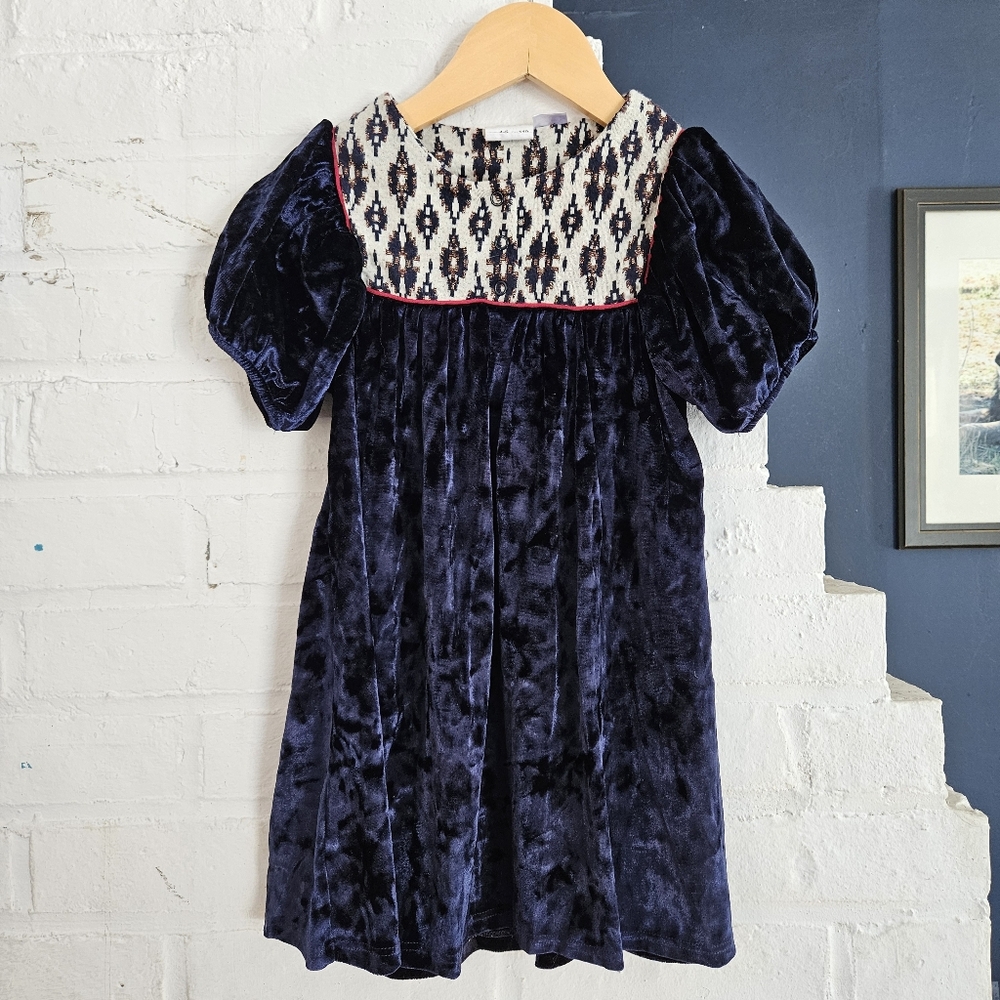 Zara Girls Navy Blue Velvet Smocked Dress – Size 4 – Holiday Christmas Party